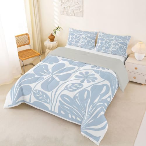 Erosebridal Light Blue Flower Girls Comforter Set King Size Retro Aesthetic Floral Bedding Set for Kids Teens Women Minimalist Vintage Art Quilt 70S Modern Abstract Duvet Insert Bedroom Decor - Image 2