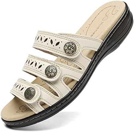 Women's Comfort Leather Slides Lightweight Flat Sandals Cute Slip On Casual Walking Slippers by Hueneph