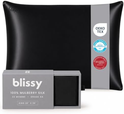 Blissy Silk Pillowcase - 100% Pure Mulberry Silk - 22 Momme 6A High-Grade Fibers - Silk Pillow Cover for Hair & Skin - Regular, Queen & King (Black, King) by Blissy