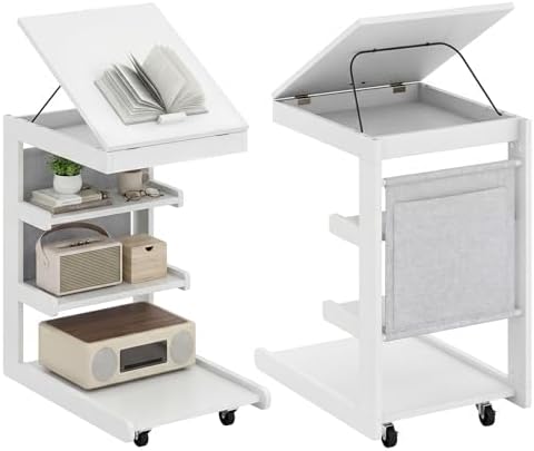Giantex C-Shaped End Table with Wheels, Set of 2 Wood Rolling Side Table w/Adjustable Desktop, Edge Stopper, Side Pocket & 3 Storage Shelves, Sofa Couch Bedside TV Tray for Living Room Bedroom (White) by Giantex