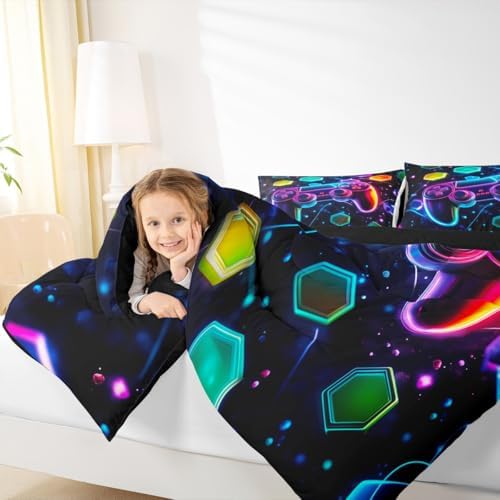 Boys Gaming Reversible Comforter Set Toddler Size,Video Games Gamepad Print Bedding Set Gamer Room Decor,Space Galaxy Glow Neon Hexagon Duvet Set with 1 Pillowcase,Polyester (Purple Blue) - Image 4