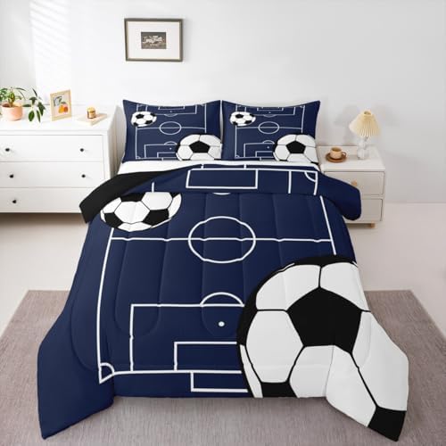 Kids Football Comforter Set Queen Size Soccer Ball Pattern White Comforter for Boys Girls Bedroom Sports Theme Bedding Set Football Court Duvet Set with 2 Pillowcases Breathable Polyester Quilt Set - Image 2
