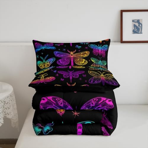Butterfly Bedding Set, Gothic Ombre Dragonfly Comforter Set for Kids Teens, Gradient Rainbow Death Moth Bedding Comforter Sets Halloween Decoration Bedding, Psychedelic Colorful Wildlife Quilt, King - Image 6