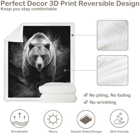 Grizzly Bear Sherpa Blanket Strong Animal Print Throw Blanket for Men Cozy Soft Warm 50x60 Inches Wildlife Design Comfort Gift for Bedroom Couch Office Decor Birthday Housewarming Anniversary - Image 7
