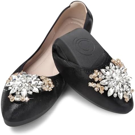 KUNWFNIX Women Ballet Flats Rhinestone Wedding Ballerina Shoes Foldable Sparkly Comfort Slip on Flat Shoes by KUNWFNIX