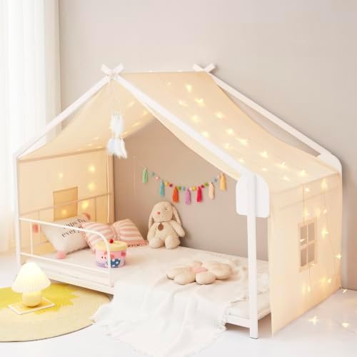 Mengersi Bed Canopy House Canopy Bed Curtains with Lights,Montessori House Bed Metal Floor Bed Canopy for Girls Boys,Fit for Twin Full Queen Bed,No Frame(Natural) by Mengersi