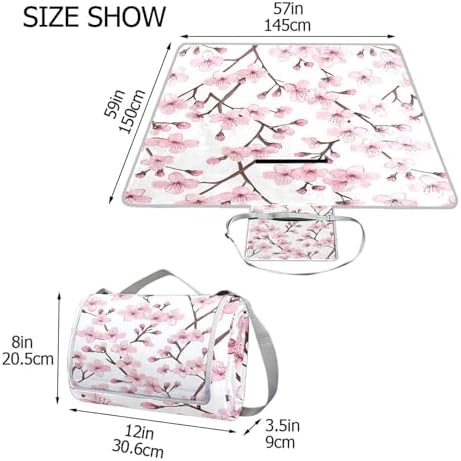 Mnsruu Picnic Blanket Waterproof Foldable, Floral Cherry Blossoms and Branches Pink Large Outdoor Picnic Blanket Beach Blankets Camping Blanket Travel Mat, Shoulder Strap Tote, Rectangle 57x59in - Image 3