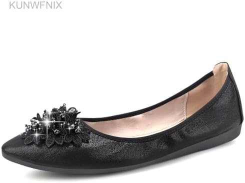 KUNWFNIX Women's Ballet Flats Foldable Classic Crown Rhinestone Slip On Bowknot PU Leather Faux Suede Pointed Toe Comfort Flat Casual Dress Shoes - Image 3