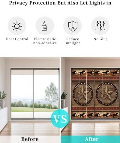Window Privacy Film Frosted, Texas Star Rustic Static Cling Door Window Covering, Farmhouse Western Horse Wood Grain UV Blocking Windows Film for Office, Hotel, Bedroom, 29.5 x 78.7 Inches - Image 6