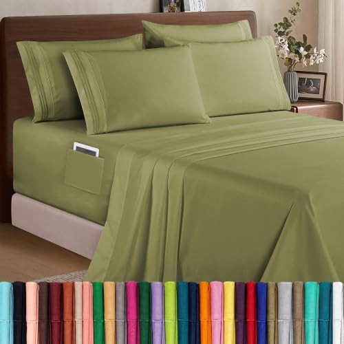 Elegant Comfort 1500 Premium Quality 6-Piece Bed Sheet Set - 18-24 Inch Extra Deep Pocket, Smart Storage Pockets, Wrinkle Free Ultra Soft 6PC Extra Deep Pocket Sheets, California King, Green by ELEGANTCOMFORT