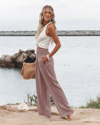 Angerella Womens Elastic High Waisted Palazzo Pants Casual Wide Leg Long Lounge Pant Trousers with Pocket - Image 3