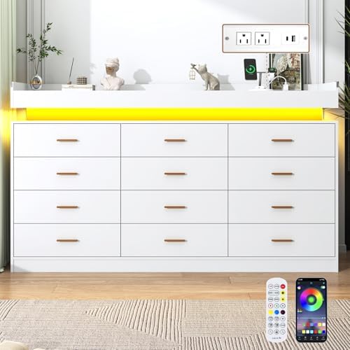 jiteentarou 12 Drawer Dresser with Charging Station and LED Lights, Modern Chest of Drawers with Power Outlet, Organizer Cabinet for Bedroom, Living Room, Entryway, White - Image 3