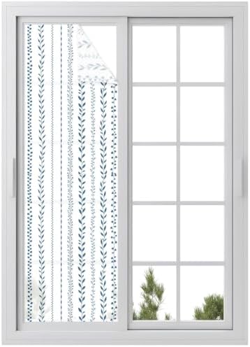Window Privacy Film Frosted, Modern Minimalist Reusable Static Cling Window Tints, Light Blue Rustic Leaves Stripes Heat Control Windows Films for Offices, Balcony, 29.5 x 118 Inches by Unknown