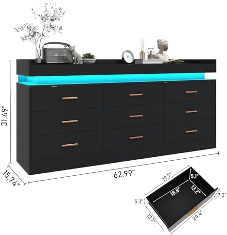 jiteentarou 9 Drawer Dresser with Charging Station and LED Lights, Modern Chest of Drawers with Power Outlet, Organizer Cabinet for Bedroom, Living Room, Entryway, Black - Image 2