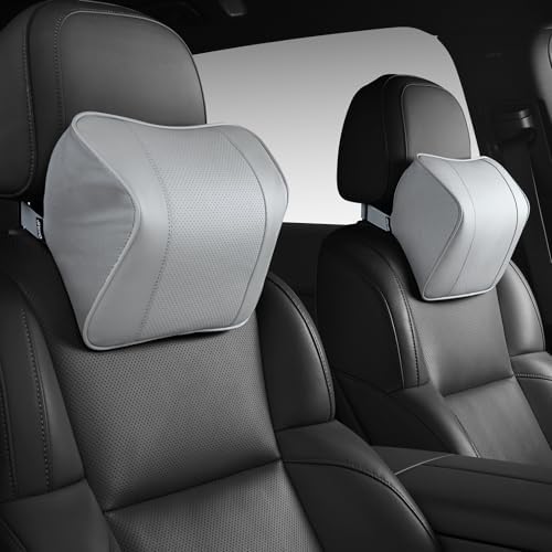 Quintor Genuine Leather Car Neck Pillow,Memory Foam Headrest Cushion, Ergonomic Cervical Support for Tesla Model 3/Y/X, Lexus, BMW- Breathable & All-Season Soft (2 PC) by Unknown