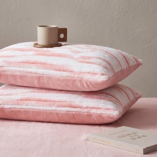 Bedorm Faux Fur Pillowcases Set of 2 Queen Size Plush Fluffy Pillow Cover Ivory and Pink, Zipper Closure - Image 6