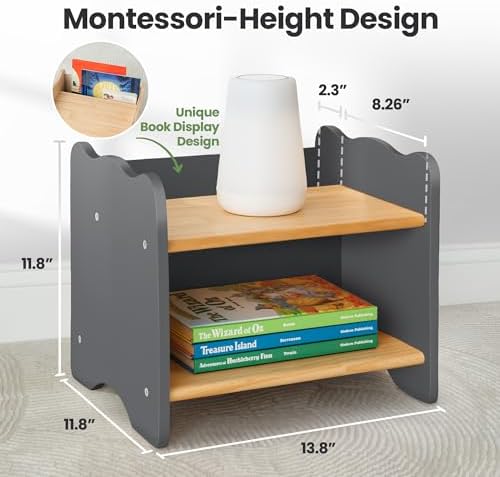 Ocodile Kids Nightstand for Floor Beds, Solid Wood Small Bedside Table with Book Pocket, Low Tiny Nightstand for Nursery, Toddler & Kids Room, Montessori Style Side Table - Gray - Image 2