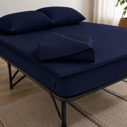 Zipper Cot Fitted Sheet, 33 x 75 Camping Cot Mattress Sheets, 400 Thread Count 100% Cotton, Includes 1 Wraparound Base, 2 Removable Zipper Top Sheets & 2 Pillowcases, 8 Inch Deep Pocket, Navy Blue by Unknown