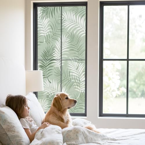 Window Privacy Film Frosted, Green Botanical Static Cling Door Window Covering, Summer Palm Leaves Foliage Tropical UV Blocking Windows Film for Office, Hotel, Bedroom, 29.5 x 78.7 Inches - Image 2