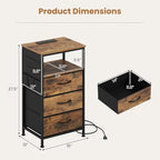 KOMFOTT 2 Nightstands with Charging Station, 27.5" Modern Bedside Table with 3 Fabric Drawers, Open Shelf & Side Pocket, End Table with 2 AC Outlets, USB and Type-C Port for Bedroom(Rustic Brown,2) - Image 3