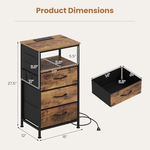 KOMFOTT 2 Nightstands with Charging Station, 27.5" Modern Bedside Table with 3 Fabric Drawers, Open Shelf & Side Pocket, End Table with 2 AC Outlets, USB and Type-C Port for Bedroom(Rustic Brown,2) - Image 3