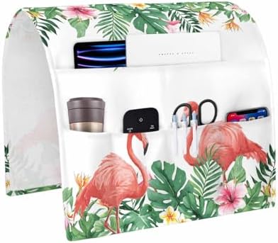 Sofa Armrest Organizer Bedside Caddy, Tropical Non Slip Couch Remote Control Holder, Green Palm Leaves Pink Flamingo Flowers Arm Chair Caddy with Pocket for Phone, 19.7''x35'' by Unknown