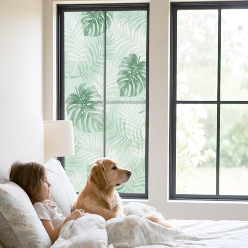 Window Privacy Film Frosted, Mint Green Palm Trees Tropical Static Cling Door Window Covering, Summer Beach Botanical UV Blocking Windows Film for Office, Hotel, Bedroom, 29.5 x 78.7 Inches - Image 2