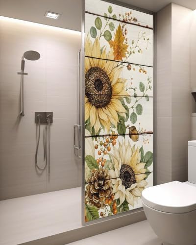 Window Privacy Film Frosted, Pumpkins Sunflower Fall Static Cling Door Window Covering, Thanksgiving Botanical Wooden UV Blocking Windows Film for Office, Hotel, Bedroom, 29.5 x 78.7 Inches - Image 3