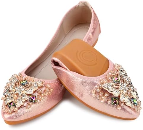KUNWFNIX Women Ballet Flats Rhinestone Wedding Ballerina Shoes Foldable Sparkly Comfort Slip on Flat Shoes by KUNWFNIX