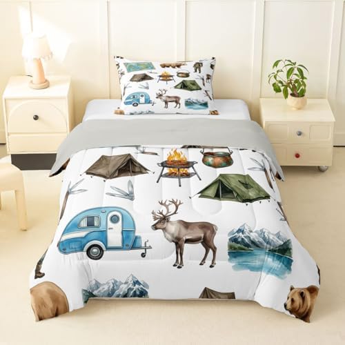 Erosebridal RV Camper Camping Kids Bedding Set Toddler Size, Hunting Deer Bear 2 Piece Bed Set for Girls Boys, Lakehouse Rustic Cabin Comforter Sets, Outdoor Travel Trailers Bedroom Decor by Erosebridal