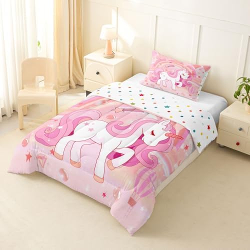 Erosebridal Unicorn Bedding Set for Girls Twin Kawaii Rainbow Unicorn Comforter Set Bedroom Decor for Girls Kids Cartoon Horse Duvet Insert Ombre Stars Quilt Comforter Pink 2 Pcs - Image 3