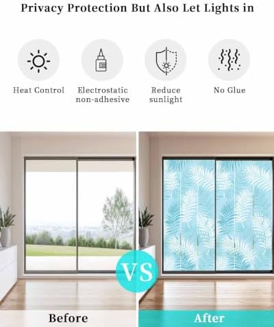 Window Privacy Film Frosted, Blue Botanical Non-Adhesive Static Cling Window Tint, Summer Palm Leaves Foliage Tropical Insulated Windows Frosted Films for Living Room, 35.4 x 78.7 Inches - Image 6