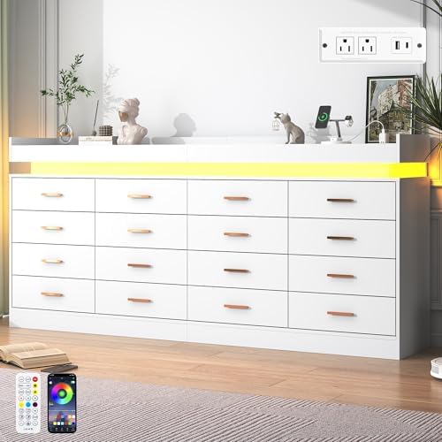 jiteentarou 16 Drawer Dresser with Charging Station and LED Lights, Modern Chest of Drawers with Power Outlet, Organizer Cabinet for Bedroom, Living Room, Entryway, White by jiteentarou