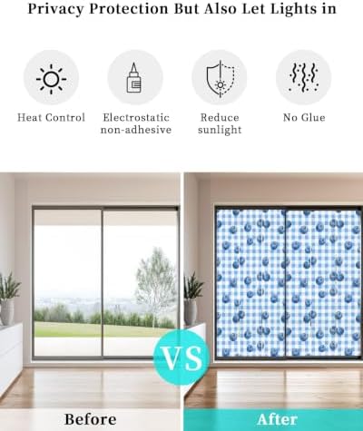 Window Privacy Film Frosted, Blue Blueberry Static Cling Door Window Covering, Checkered Fruits Farmhouse Art UV Blocking Windows Film for Office, Hotel, Bedroom, 29.5 x 78.7 Inches - Image 6