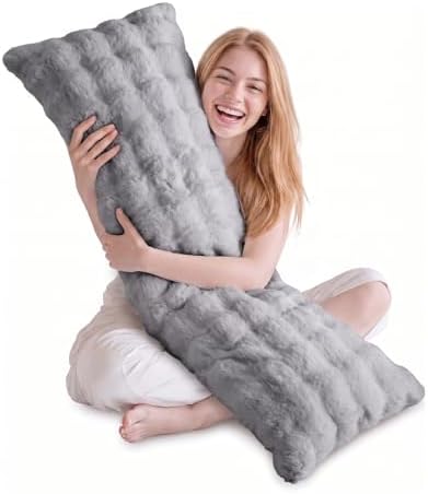 DOWNCOOL Premium Large Body Pillow Insert with Faux Rabbit Fur Cover - Large Full Body Pillows for Adults - Soft Long Bed Pillows for Side Sleepers - 20x54 inch (Grey, with Cover) by DOWNCOOL