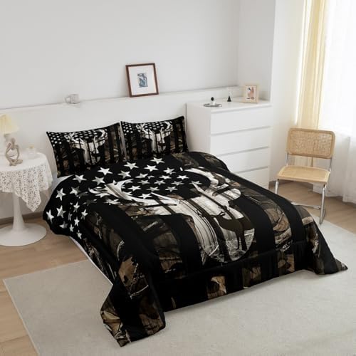 Camo American Flag Twin Comforter Set Boys,Deer Antlers Grey Camouflage Quilt Set Flags for Room Teens,Wild Animal Hunting Rustic Farm Branches Leaves Plant Stars Stripes USA Flag Bedding Set - Image 2