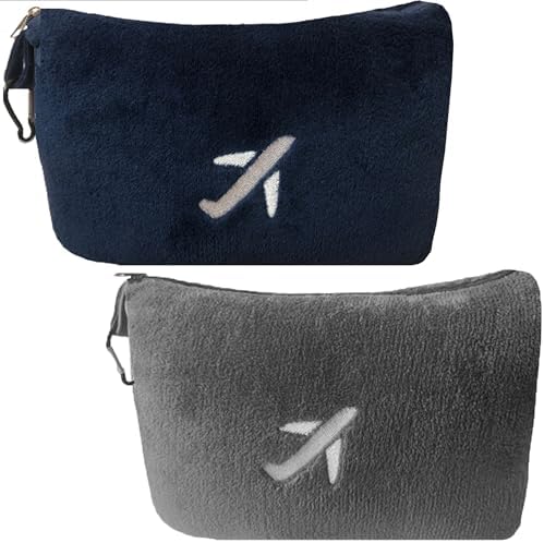 BlueHills Mini Travel Blanket Pillows for Two Airplane Traveling Essentials Flight Throws in Bag case with Backpack Clip Compact Plane Accessories – Navy Blue and Gray by BlueHills