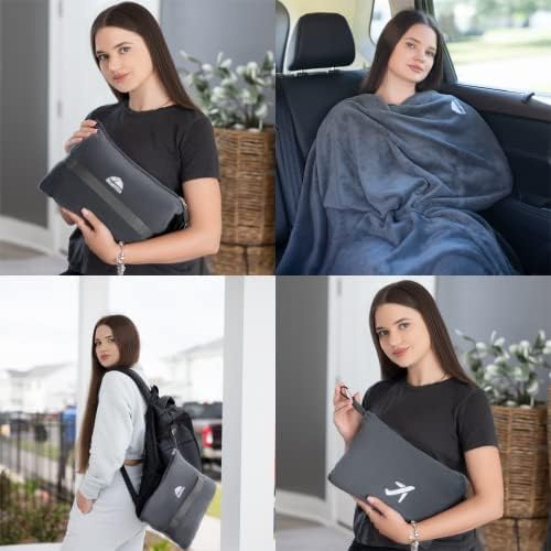 BlueHills Soft 2 Pack Travel Blankets Mini Set of 2 - Premium Airplane Travel Essential Flight Blanket Throw in a case with Strap Compact for Car Plane Travel Gift – Gray and Pink. - Image 2