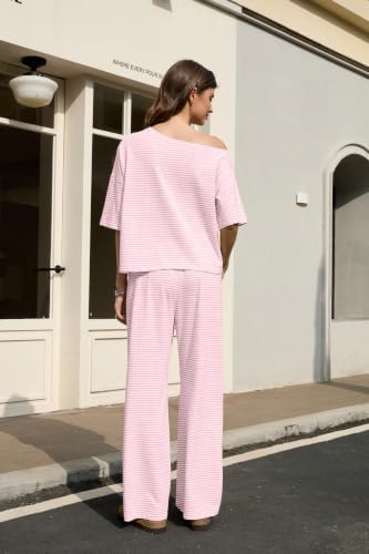 Ythomm Striped Pajama Sets Womens Two Piece Lounge Outfits Short Sleeve Off Shoulder Shirts Drawstring Pants Matching Pj Sets - Image 3