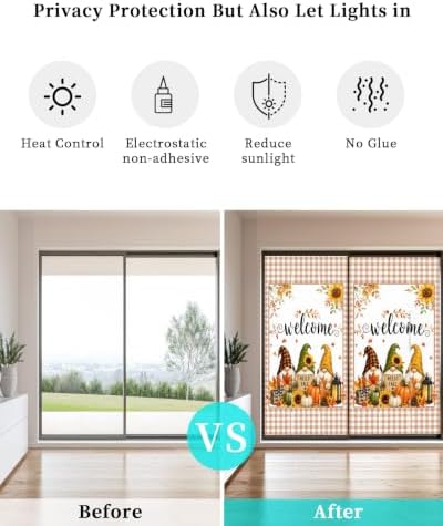 Window Privacy Film Frosted, Thanksgiving Non-Adhesive Static Cling Window Tint, Fall Gnomes Pumpkin Maple Flowers Plaid Insulated Windows Frosted Films for Living Room, 35.4 x 78.7 Inches - Image 6