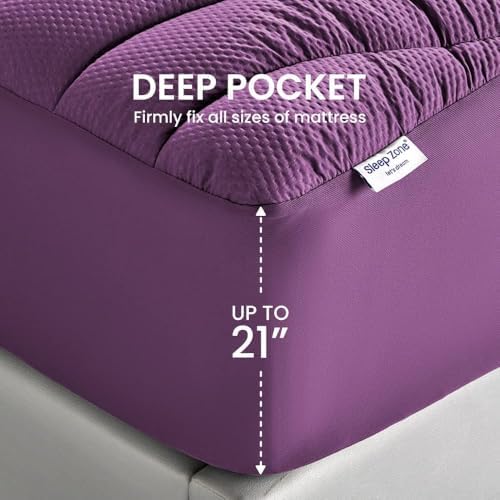 SLEEP ZONE Cooling Mattress Topper Twin XL for College Dorm, Premium Zoned Quilted Mattress Pad, Fitted Mattress Protector Cover Washable, Deep Pocket 8-21 inch, Purple, Twin XL - Image 5
