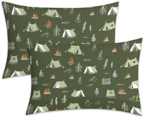 Camping Pillow Cases Queen Size Set of 2 - Campfire Pillowcases with Envelope Closure, Kids Rustic Adventure Decorative Pillow Covers for Bed Couch, Soft Breathable Microfiber by Unknown