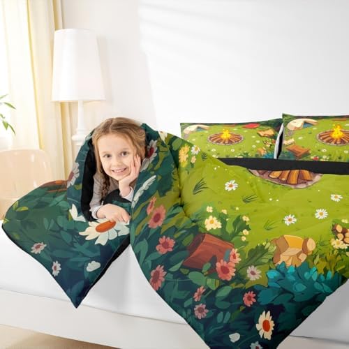 Erosebridal Campfire Comforter Set Camping Tent Toddler Bedding Sets for Boys Girls Kids Woodland Bonfire Comforter Cartoon Trees Stones Quilt Duvet 2 Pcs - Image 6