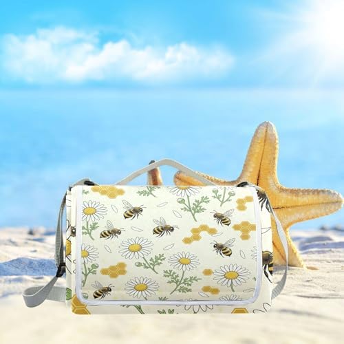 MNSRUU Picnic Blanket Waterproof Foldable, Honey Bee Flower Large Outdoor Picnic Beach Camping Blanket Travel Mat, Shoulder Strap Tote, Rectangle 57x59in - Image 6