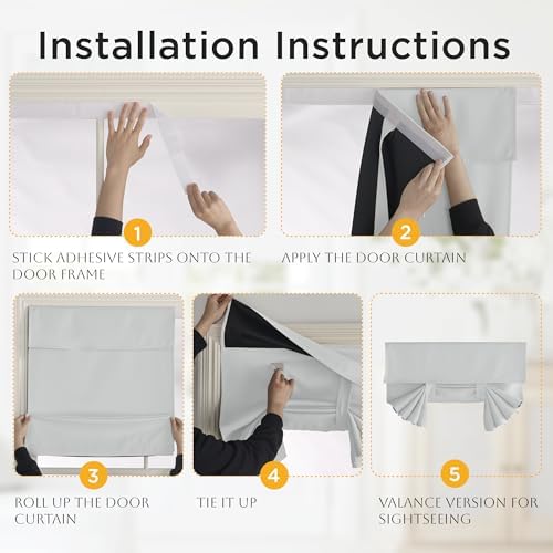 RYB HOME 2 Panels 100% Blackout French Door Curtains Set of 2 - W30 x L69, Greyish White - No Drill Door Window Curtains Thermal Insulated Privacy Assured Shades for Front Entrance - Image 4