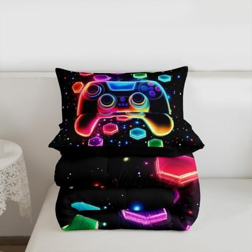Game Consoles Kids Boys Reversible Comforter Set Twin Size,Gaming Bedding Sets Gamer Room Decor Gifts Galaxy 3D Neon Honeycomb Video Games Polyester Quilt Set,1 Pillowcase (Red Green Blue) - Image 7