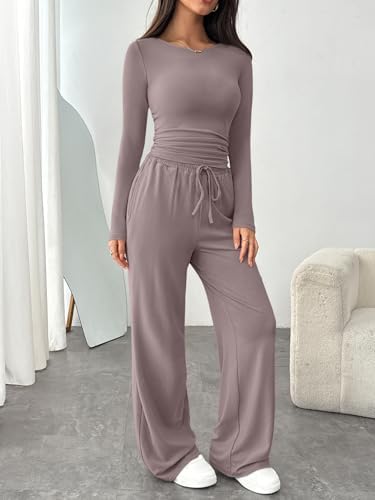 Trendy Queen Women's 2 Piece Matching Lounge Set Boat Neck Slim Fitted Top Wide Leg Pants Casual Tracksuits - Image 3