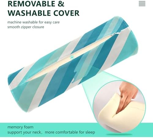 Bolster Pillow Cotton Neck Roll Pillow for Sleeping Outdoor Round Pillows Cylinder Pillow Decorative Cervical Pillow Covers with Zipper Cyan Stripe - Image 4