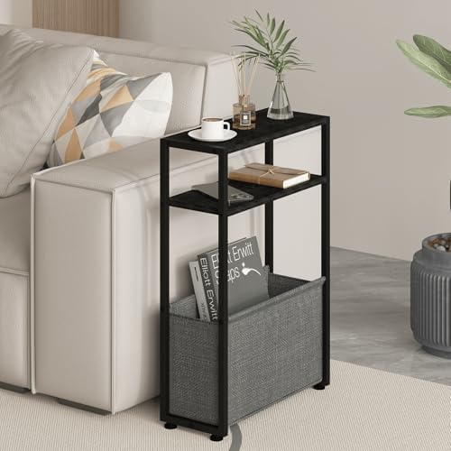 Leomonio Narrow Side Table, Slim End Tables with Fabric Basket, Skinny Table for Small Spaces, Thin Bedside Table for Living Room, Bedroom (1, Ebony Black + Slate Gray) - Image 3