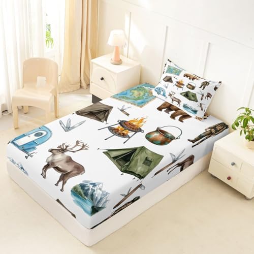 Erosebridal RV Camper Camping Twin Fitted Sheet, Hunting Deer Bear Bedding Set for Kids Girls Boys, Lakehouse Rustic Cabin Bed Sheets, Outdoor Travel Trailers Room Decor (No Top Sheet) - Image 4